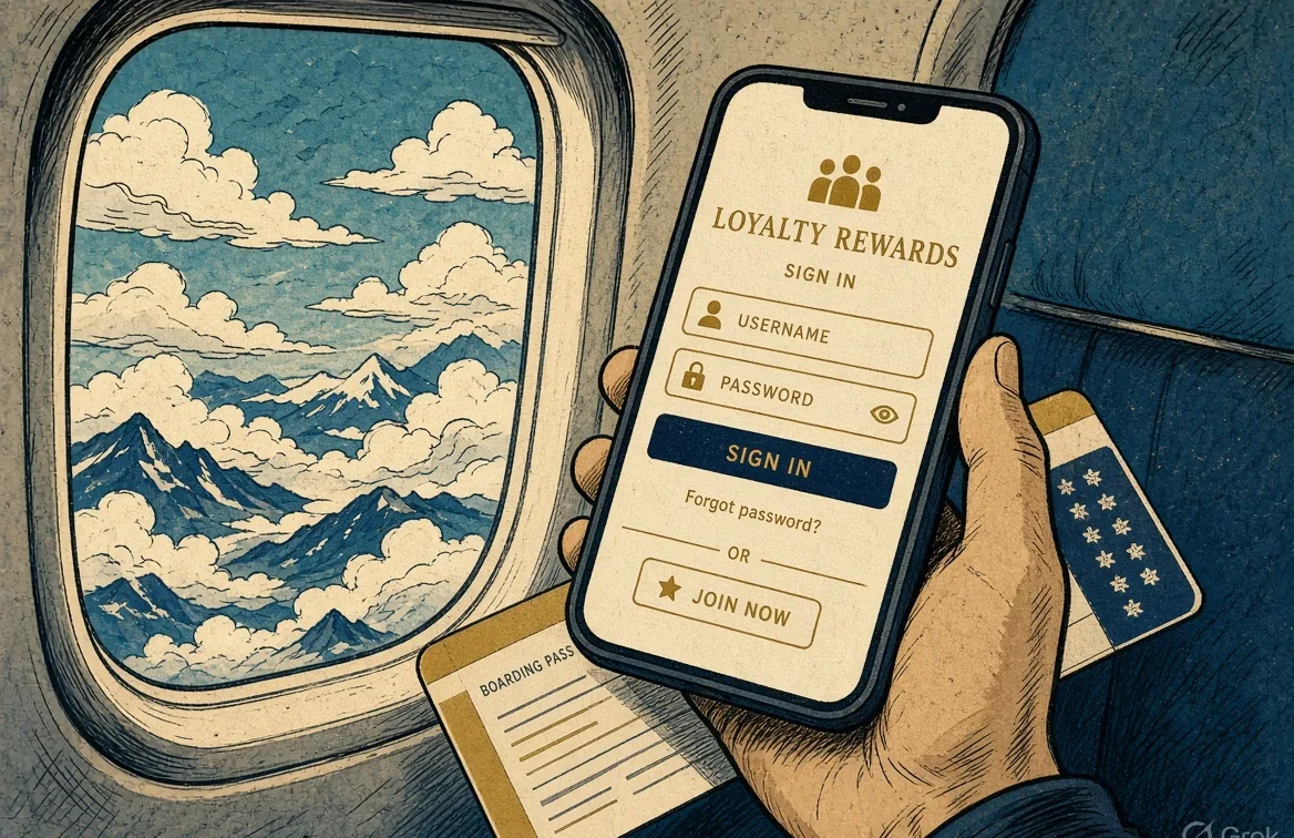 Illustrated traveller at the gate joining the airline club on a phone before boarding