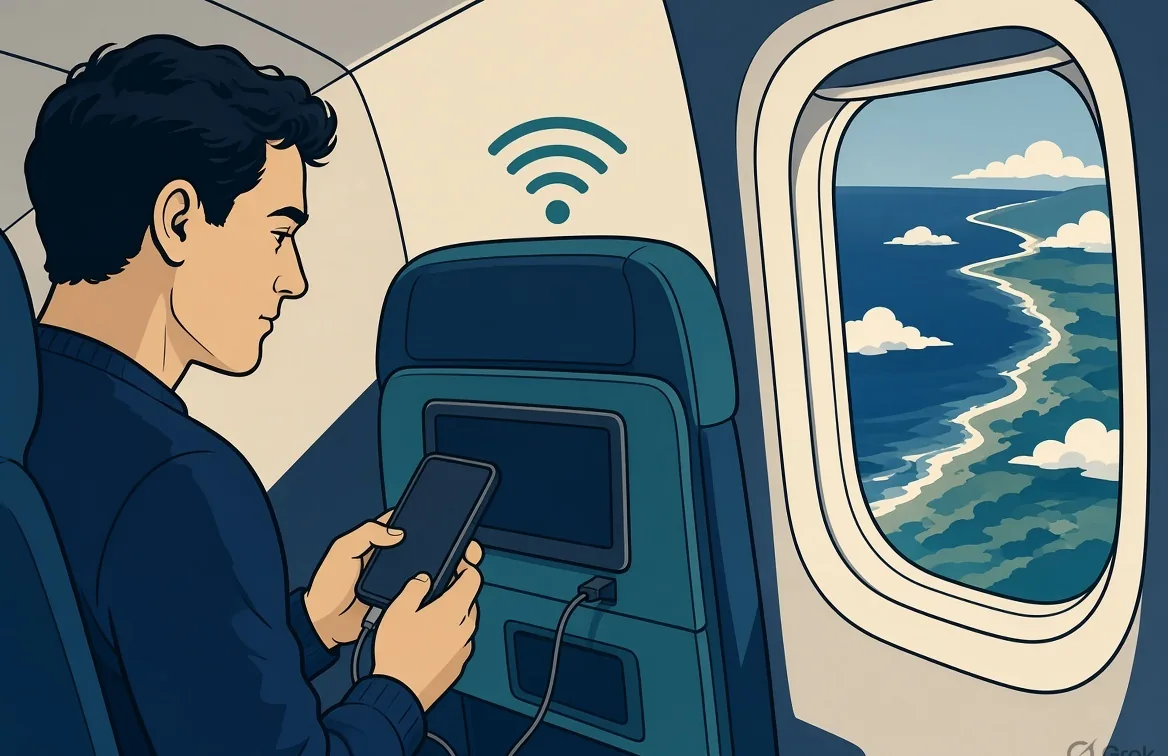 Illustrated phone on an airplane tray table connecting to cabin Wi-Fi
