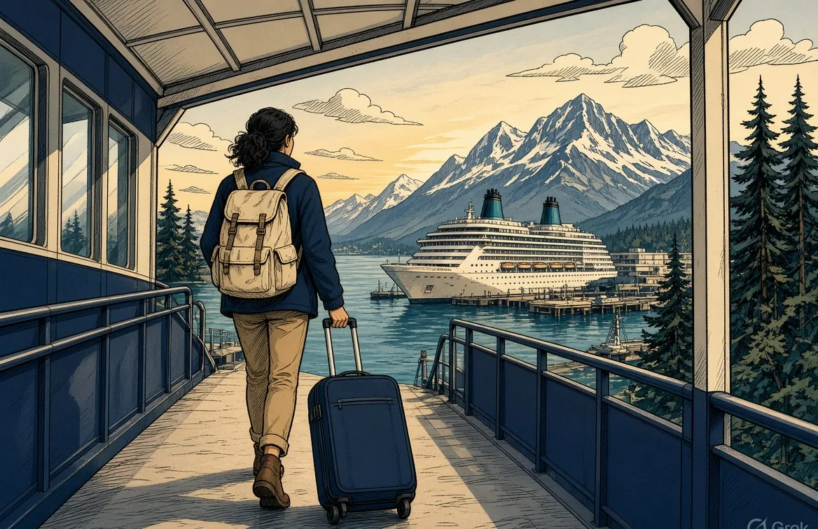 Illustrated view from a jet window of a cruise ship at a cool northern port