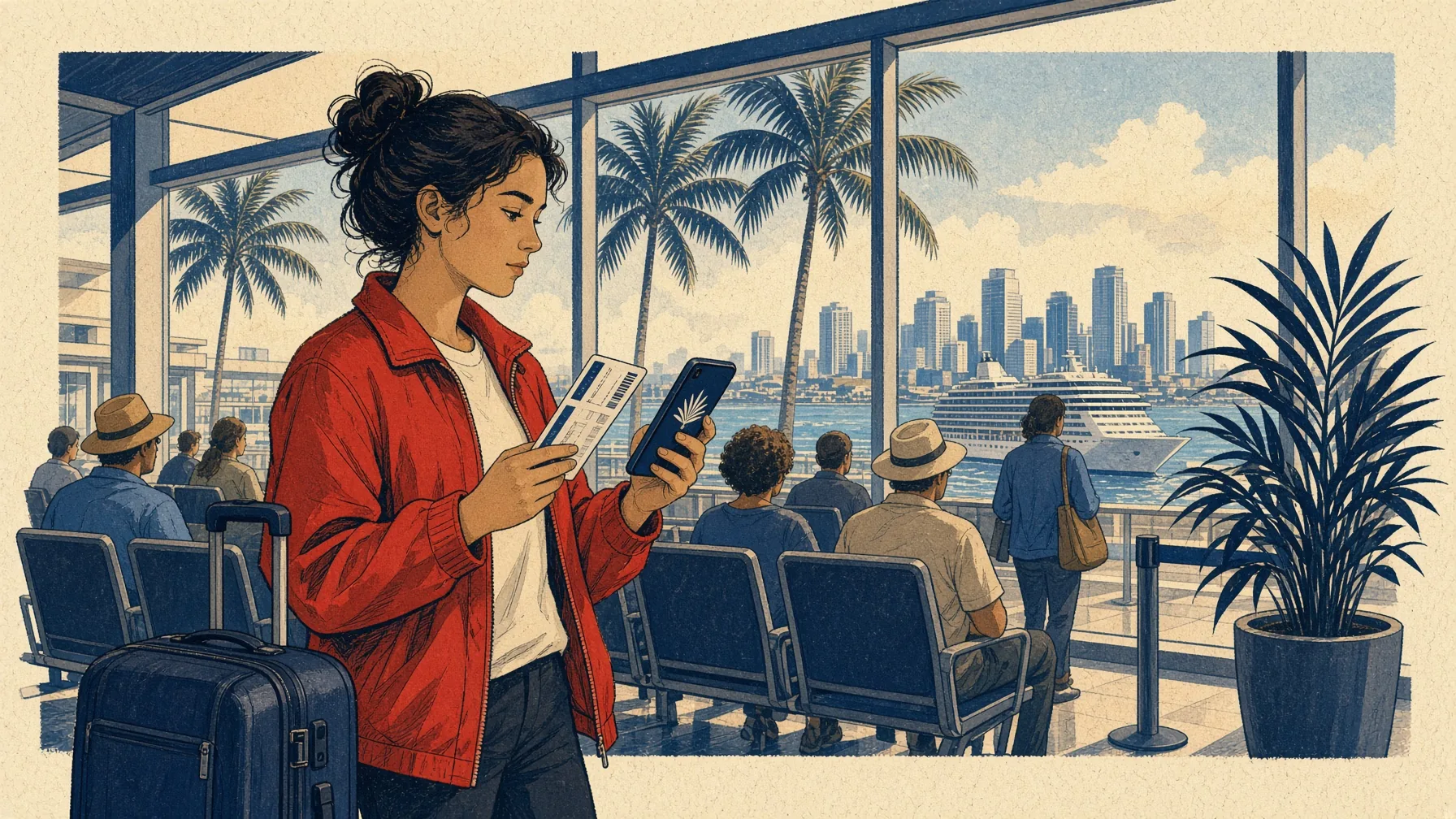 Illustrated traveler at the gate with a boarding pass and phone, joining the airline club before boarding