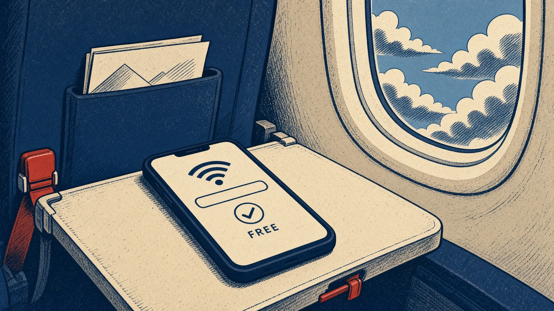 Illustrated phone on an airplane tray table connecting to cabin Wi-Fi, oval window and clouds