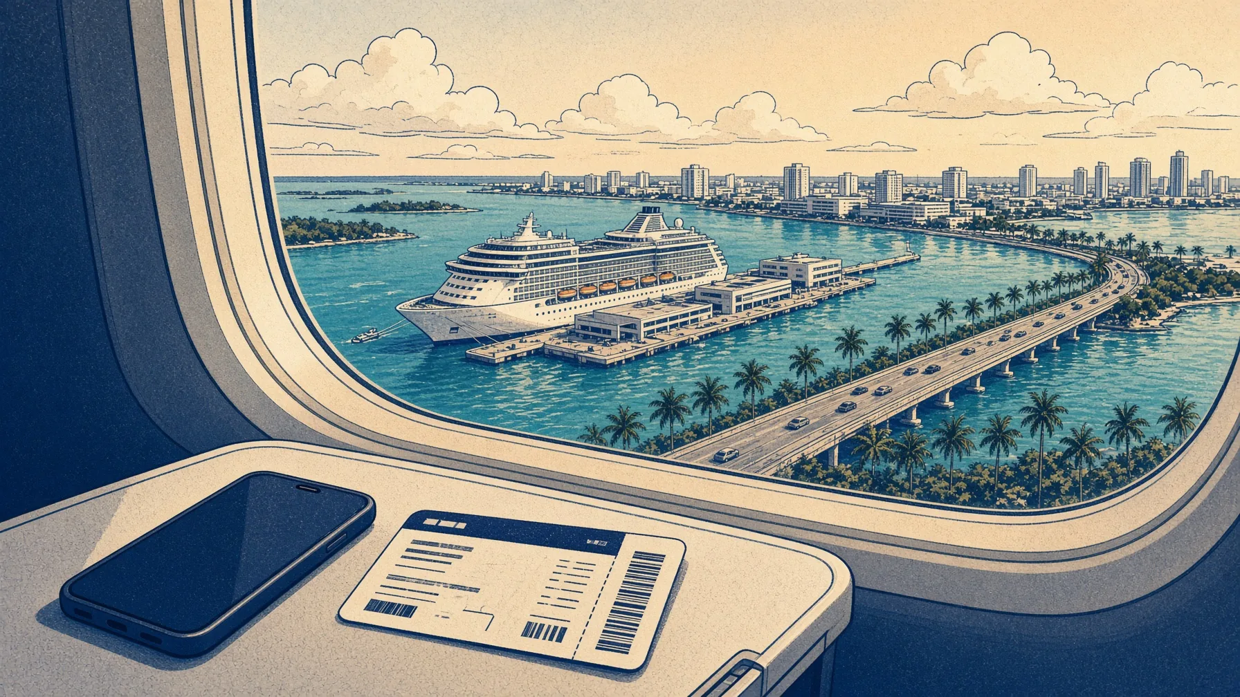 Illustrated view from a jet window of a cruise ship at a sunny port, phone and boarding pass on the tray