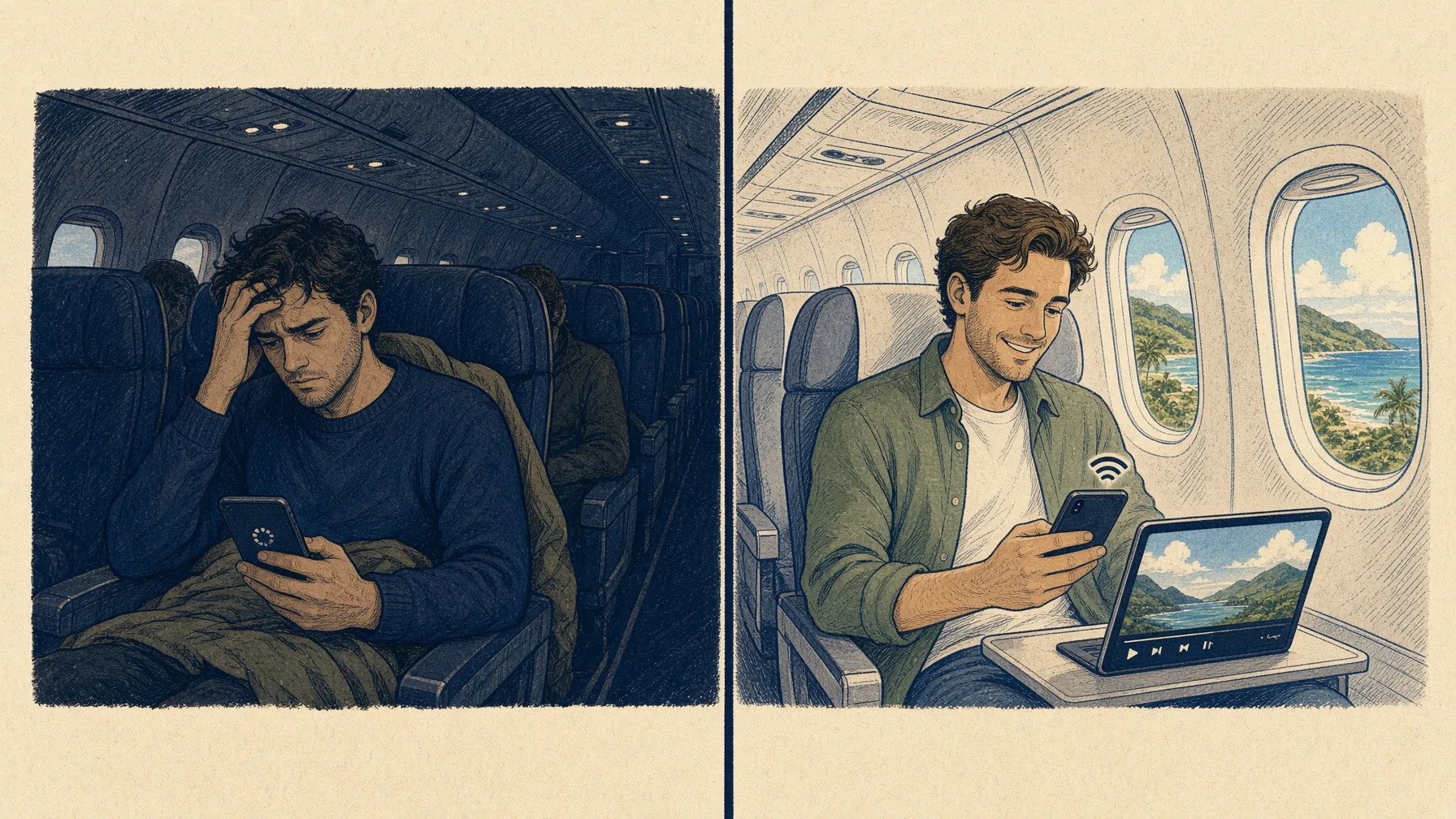 Illustrated split scene: a dim older widebody cabin with a stalled phone next to a bright cabin streaming video