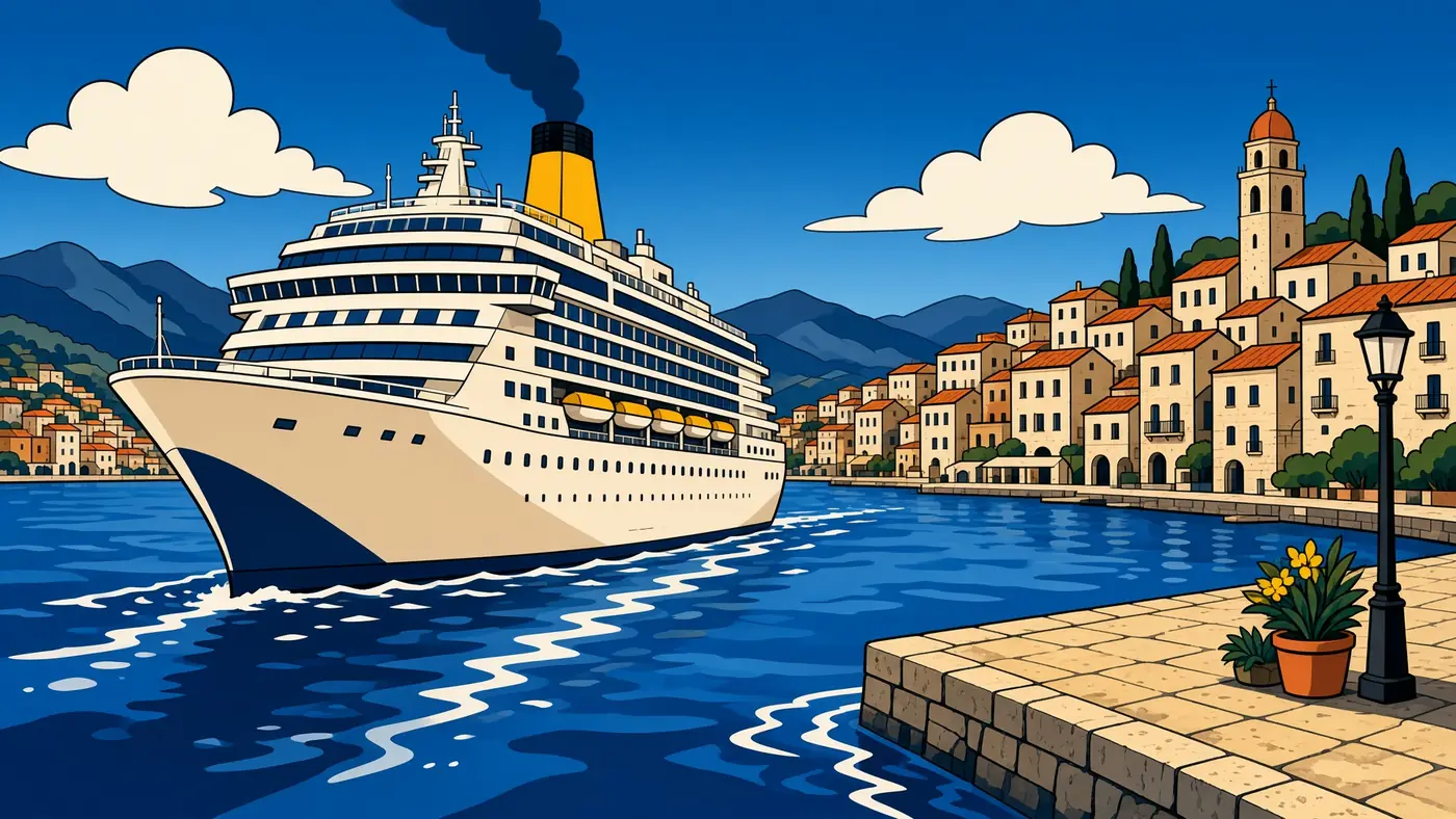 Illustrated cruise ship arriving in a Mediterranean harbour