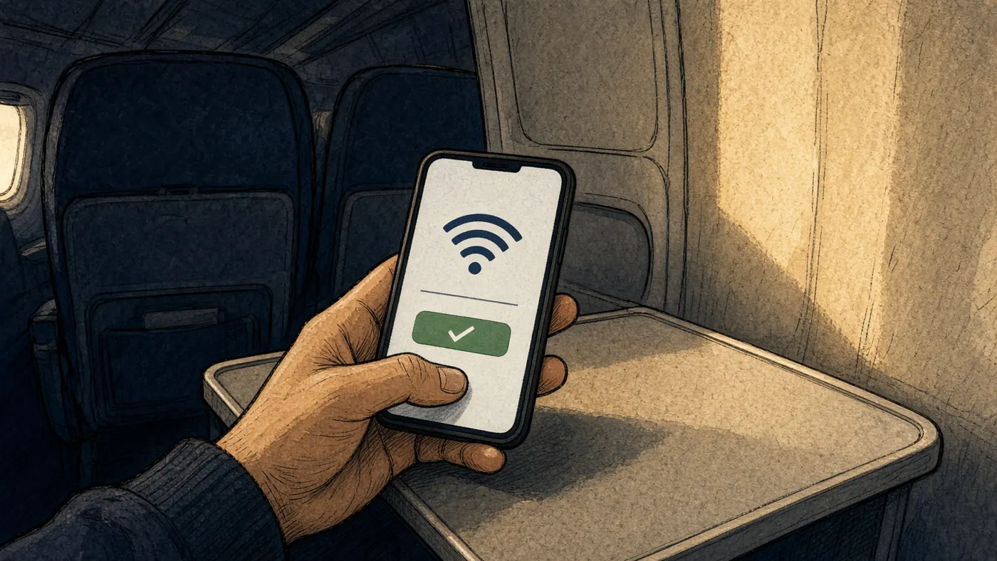 Illustrated phone on an airplane tray table joining cabin Wi-Fi