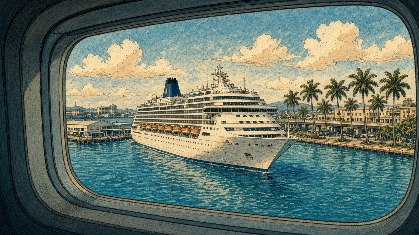 Illustrated view from a jet window of a cruise ship in a sunny port