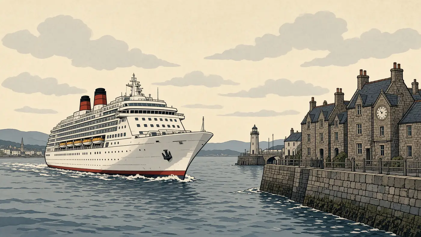 Illustrated white ship leaving a British harbour