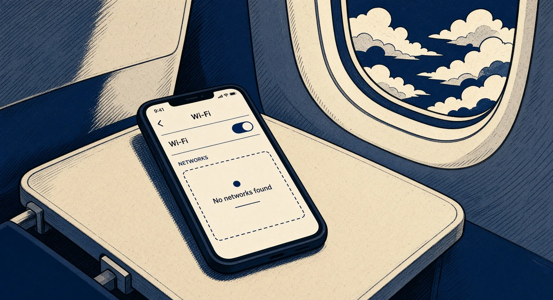 Illustrated phone Wi-Fi settings with an empty network list on an airplane tray table, clouds in the oval window