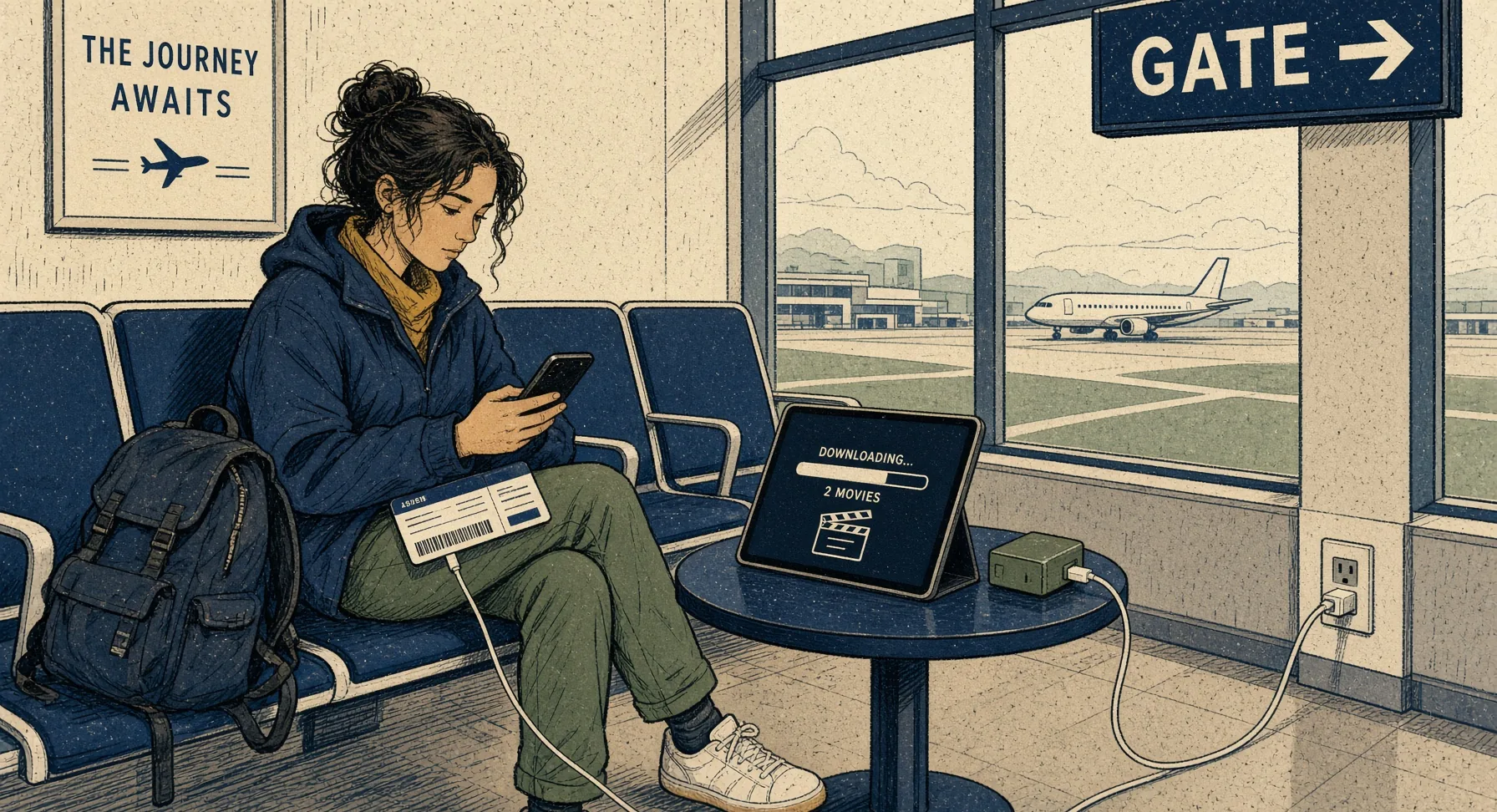 Illustrated traveler at the gate downloading movies onto a phone and tablet, charging cable, boarding pass on the lap