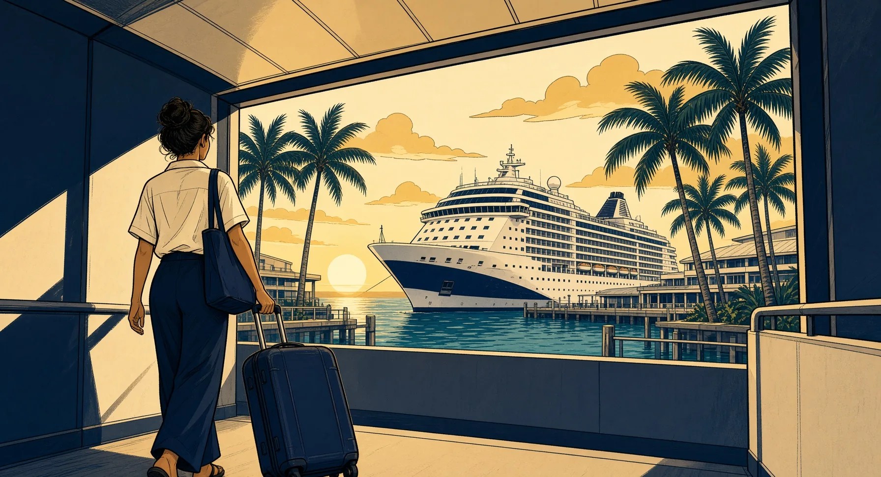 Illustrated traveler walking a jetway toward a sunny Florida cruise port, ship in the distance