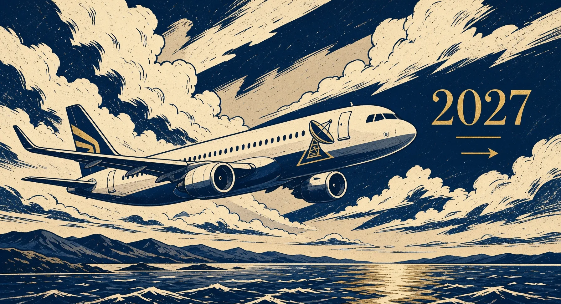 Illustrated narrowbody jet over the sea with a simple geometric satellite antenna, clouds, editorial travel style