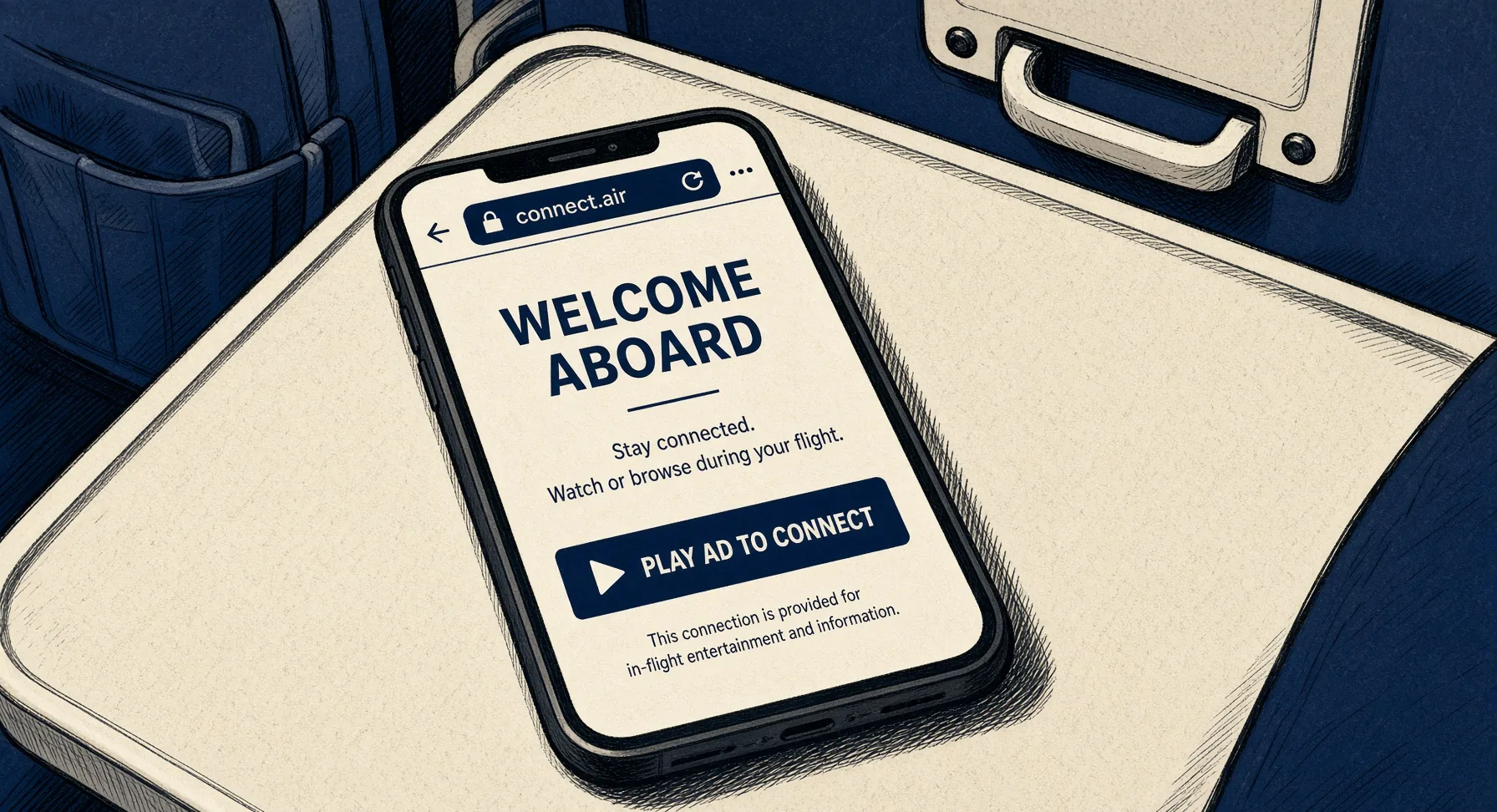 Illustrated phone on an airplane tray table showing a simple Wi-Fi page with a play-ad button