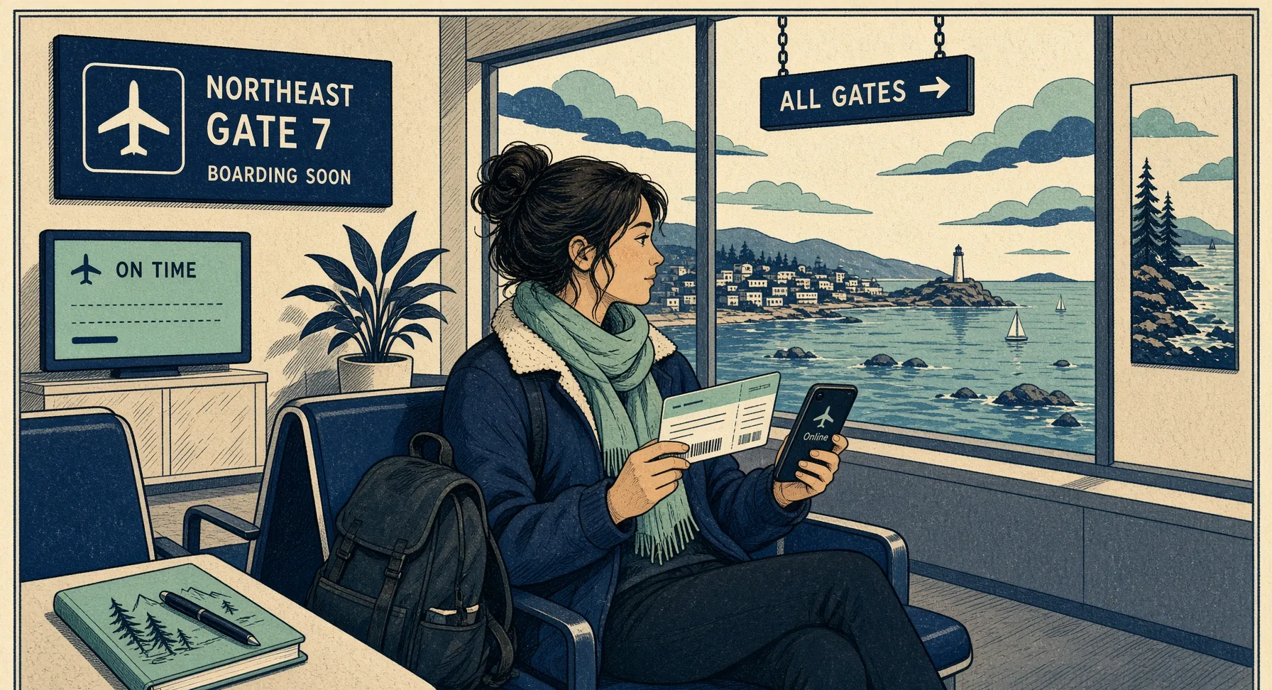 Illustrated traveler at a Northeast airport gate with a boarding pass, phone already showing online