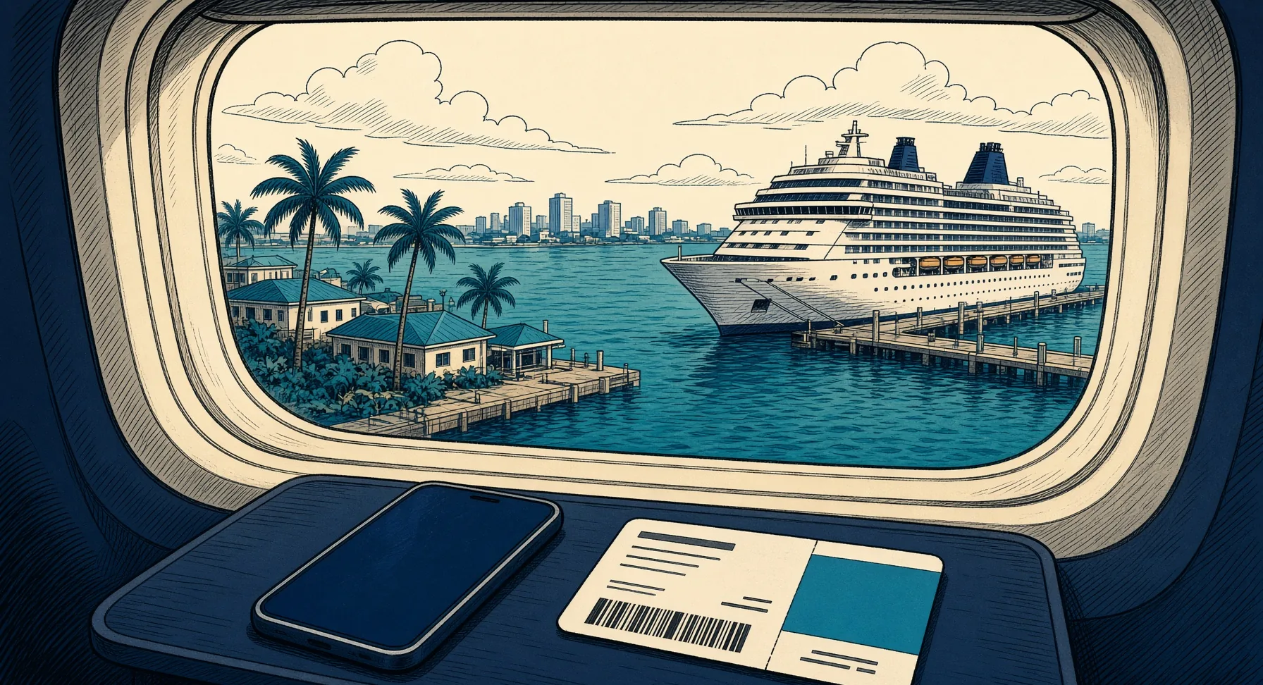 Illustrated view from a jet window of a cruise ship at a sunny port, phone and boarding pass on the tray