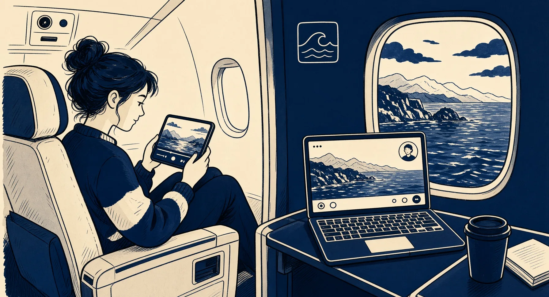 Illustrated split cabin: one side streaming a show, the other a stalled laptop video call over the sea