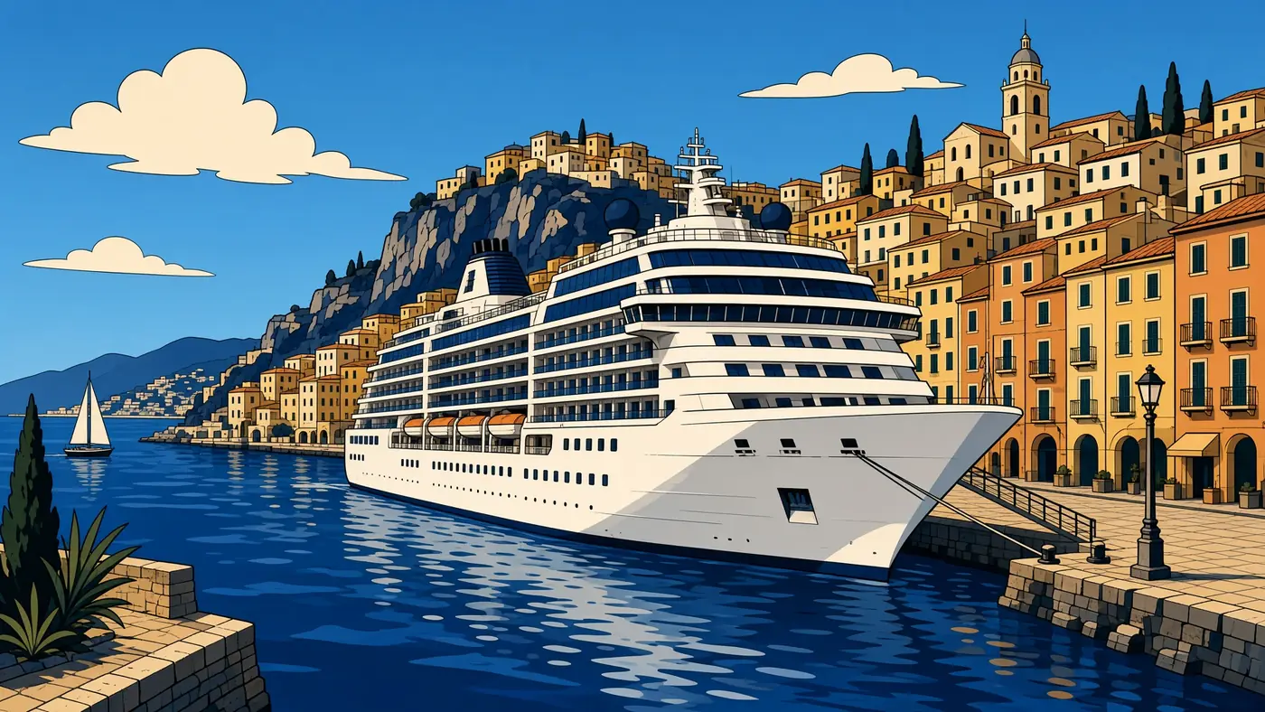 Illustrated white ship at a European harbour