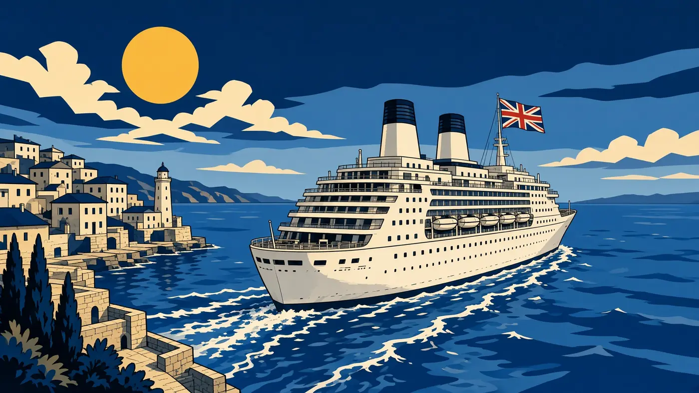 Illustrated white cruise ship leaving a sunny harbour