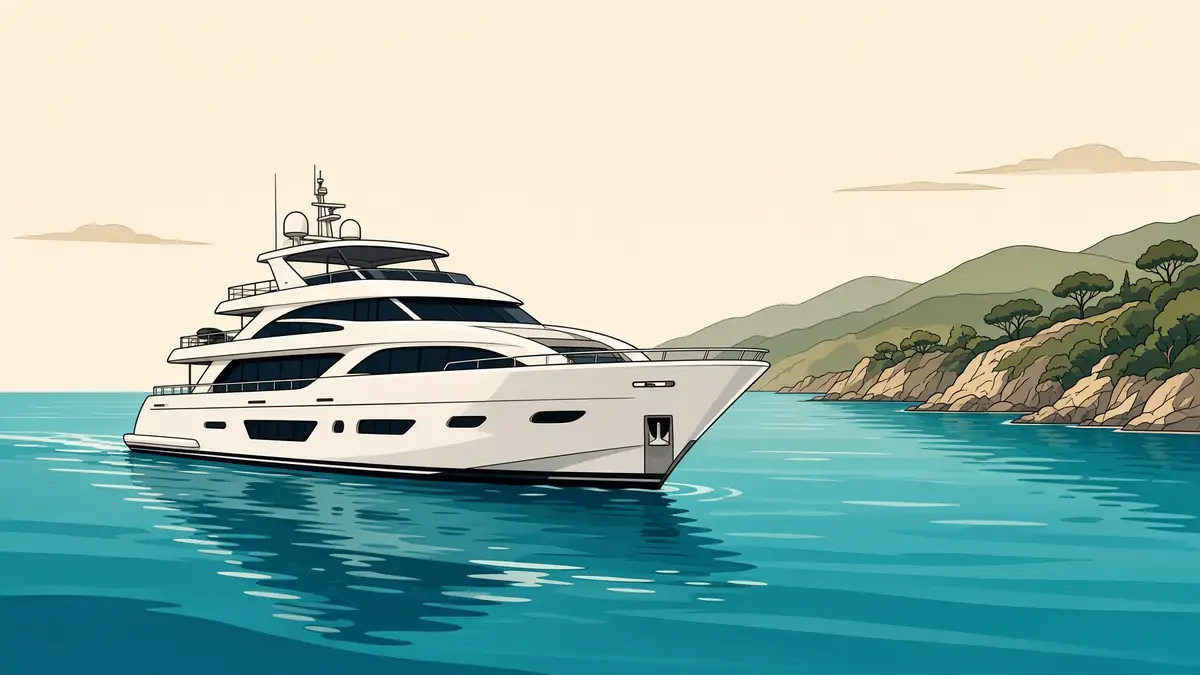 Illustrated white yacht on calm water