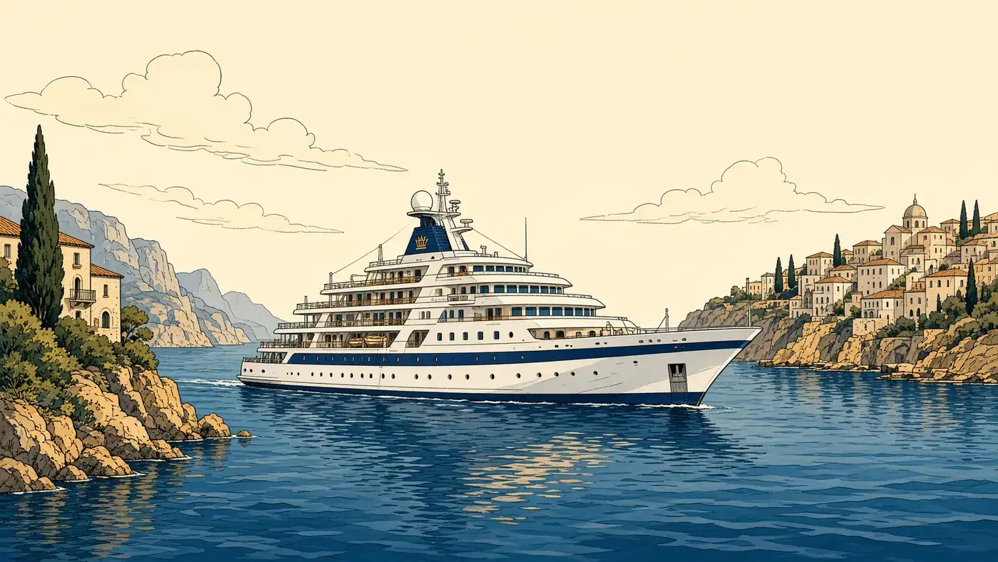 Illustrated white ship in a sunny harbour