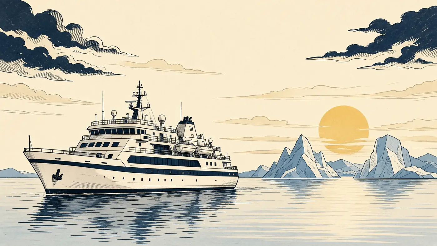 Illustrated white ship in pale ice