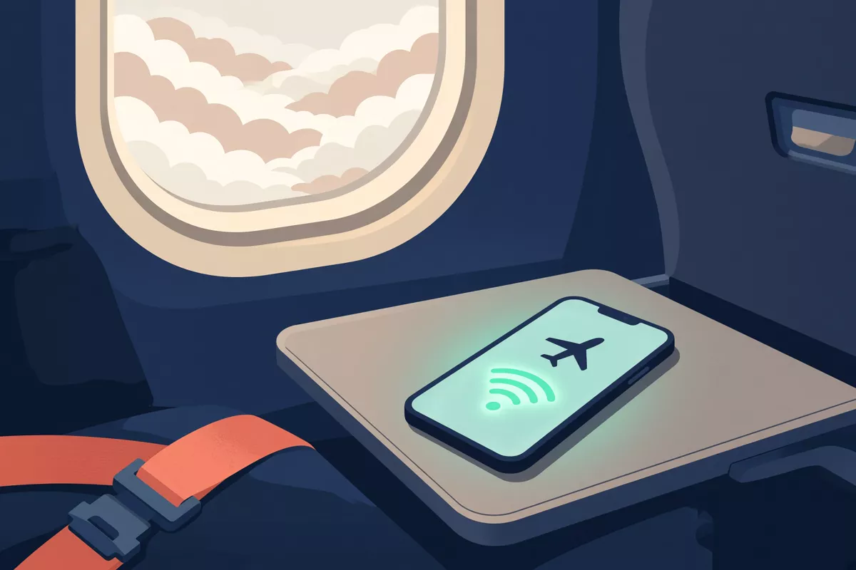 Illustrated phone on an airplane tray table connecting to cabin Wi-Fi, oval window and clouds