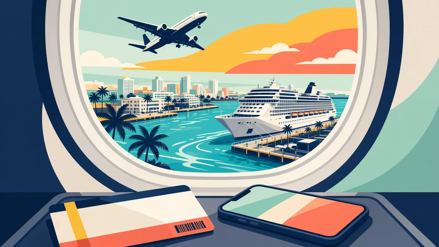 Illustrated view from a jet window of a cruise ship at a sunny port, phone and boarding pass on the tray