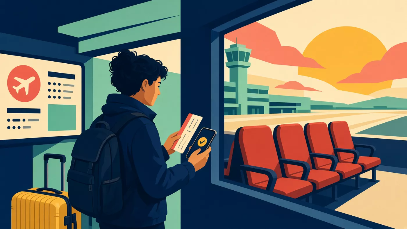 Illustrated traveler at the gate with a boarding pass and phone, joining the airline club before boarding