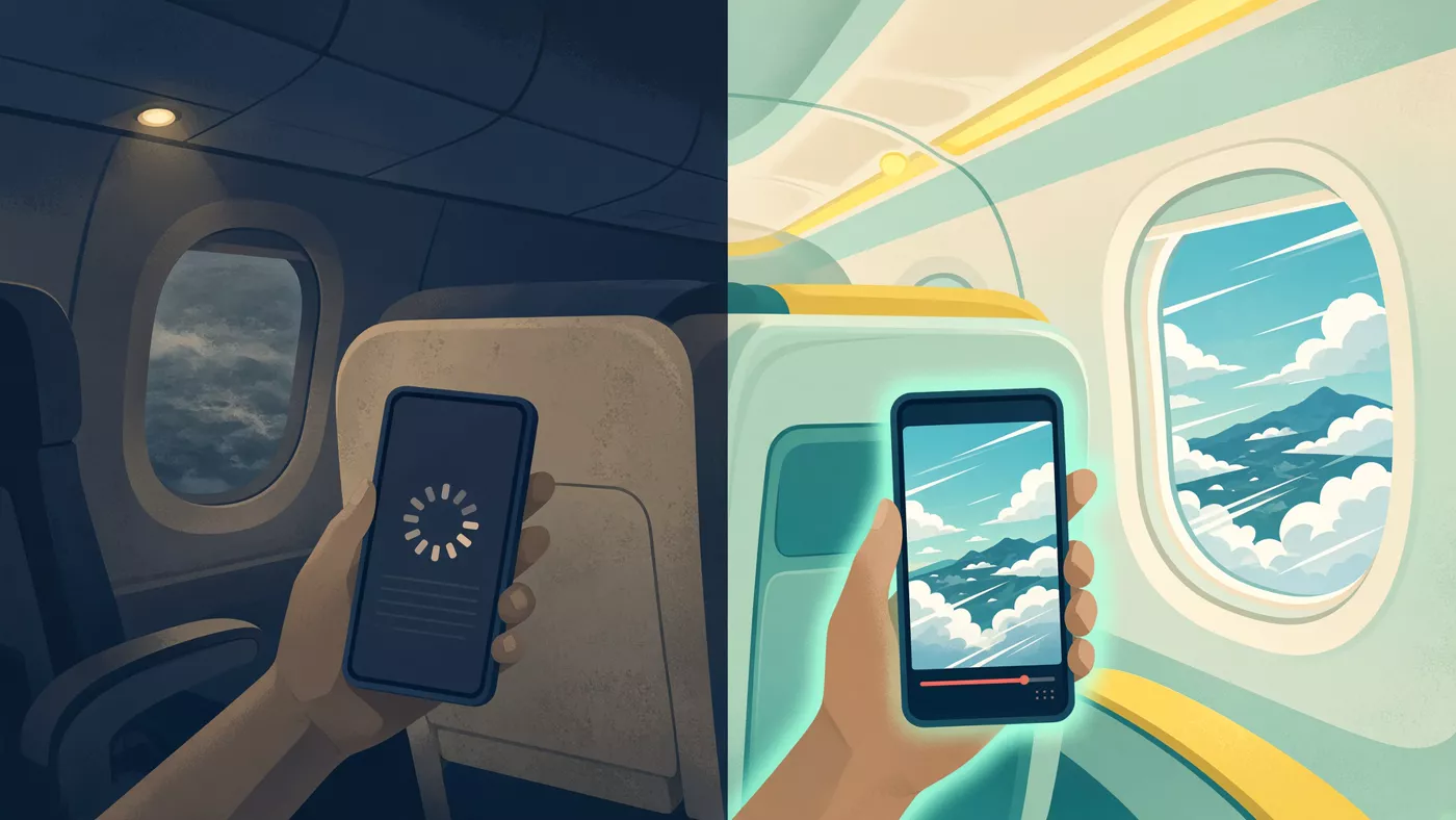 Illustrated split scene: a dim older cabin with a stalled phone next to a bright cabin streaming video