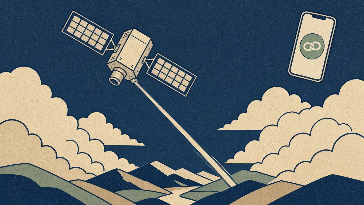 Illustrated jet under a simple satellite, phone showing a connected icon