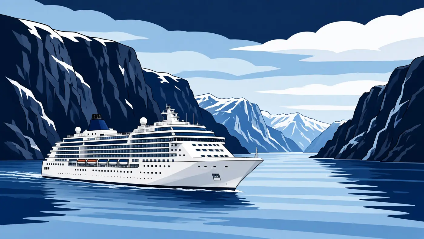 Illustrated white ship in a Nordic fjord