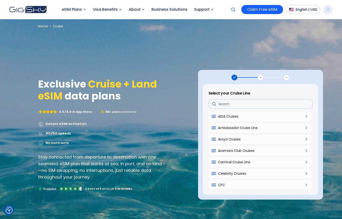 GigSky Cruise + Land eSIM plans
