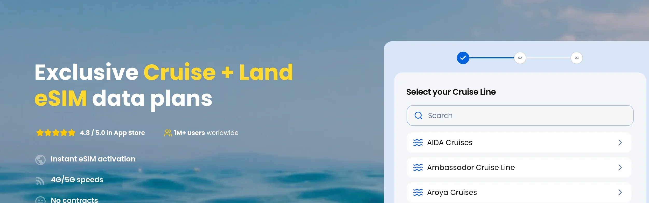 GigSky cruise line search, the step before you apply promo code ESIMDUDE