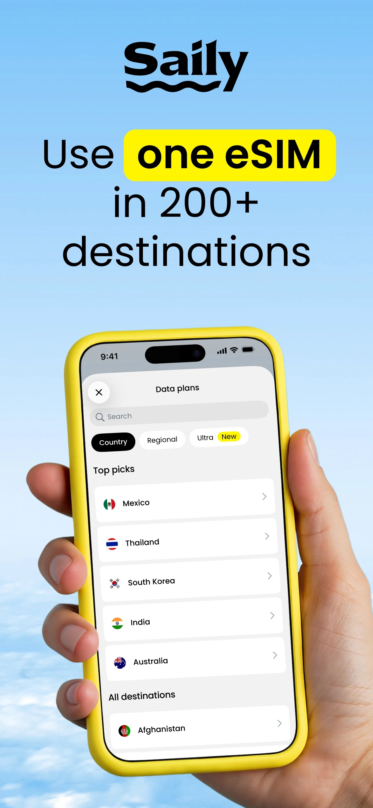 Saily app: pick a destination and a data plan