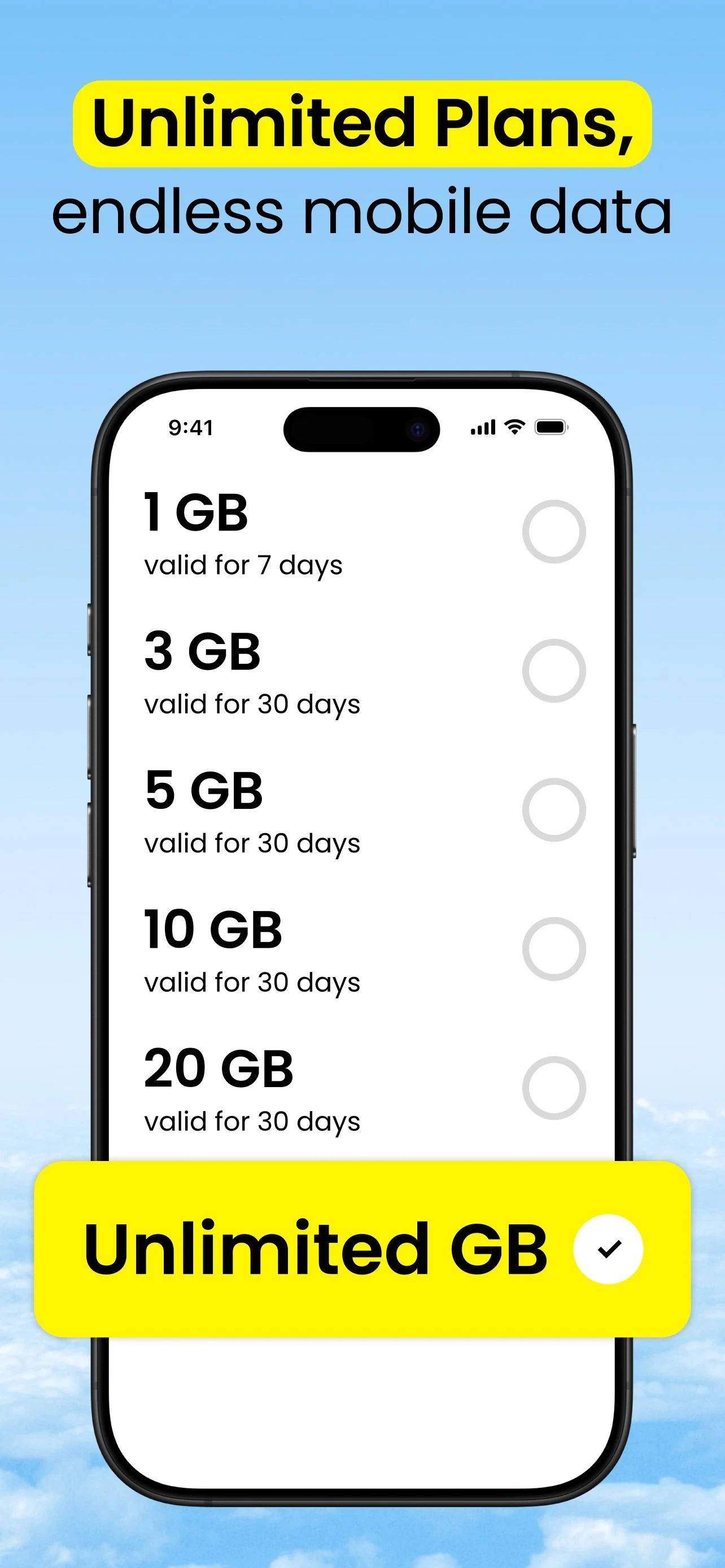 Saily app: unlimited-style plan on a phone