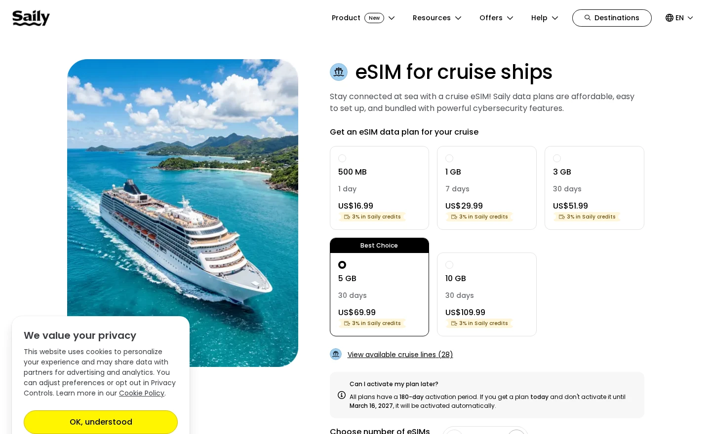 Saily cruise eSIM page: stay connected at sea, plans from $3.99